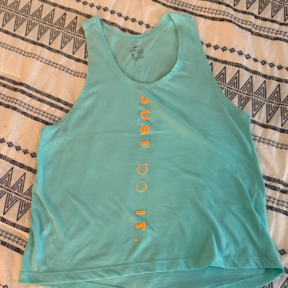 Nike Women's Turquoise Tank Top with Orange Text